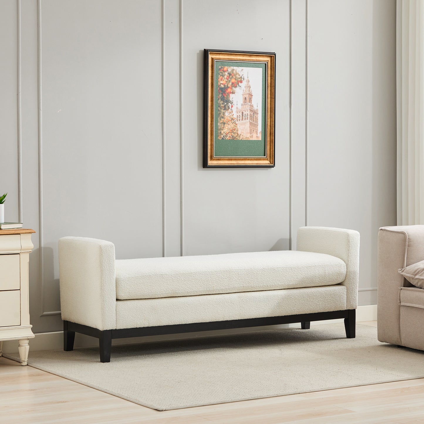66.34" Upholstered End of Bed Bench - Ivory Boucle with Wood Frame