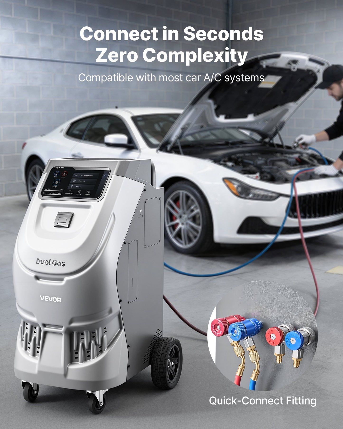 Automatic Refrigerant Recovery Machine for Automotive A/C R134a & 1234fy - 98.5% Accuracy, 10-Inch Touch Screen, Vacuum & Recharging