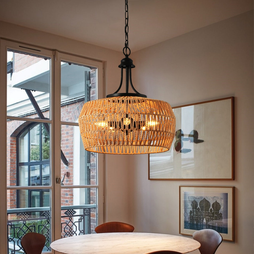 Boho Hemp Rope Pendant Light - Hand-Woven Jute Ceiling Fixture