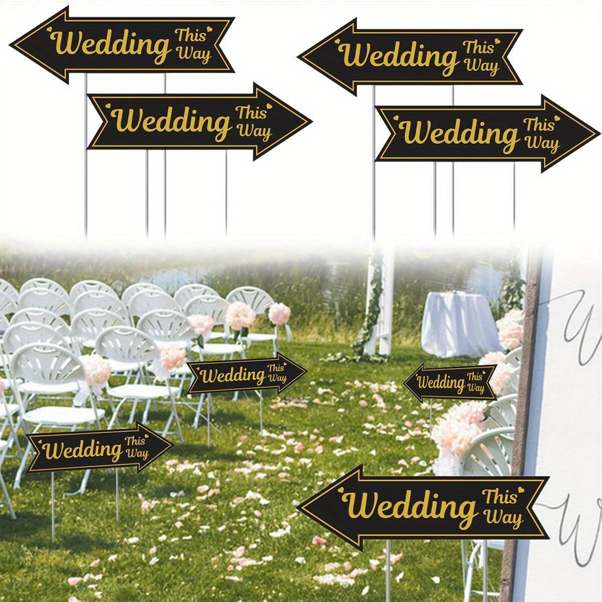 4-Piece Wedding Directional Signs Set - Black & Gold Arrows