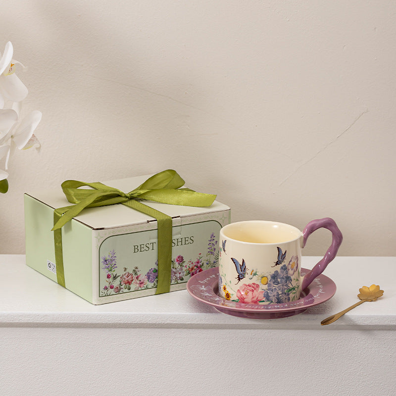 Ceramic Butterfly Coffee Cup and Saucer Gift Set - Vintage Kitchen Drinkware