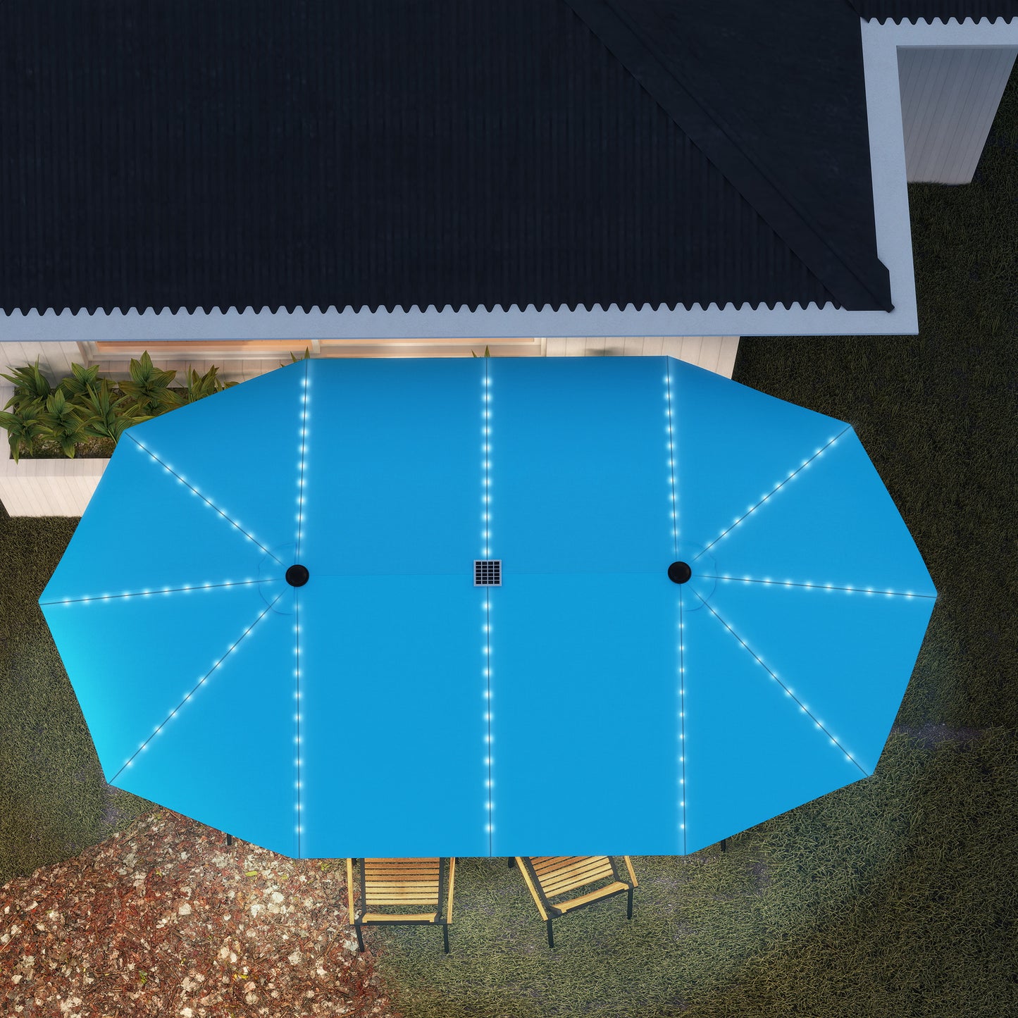 15ft Double-Sided Patio Umbrella with Solar Lights - Blue