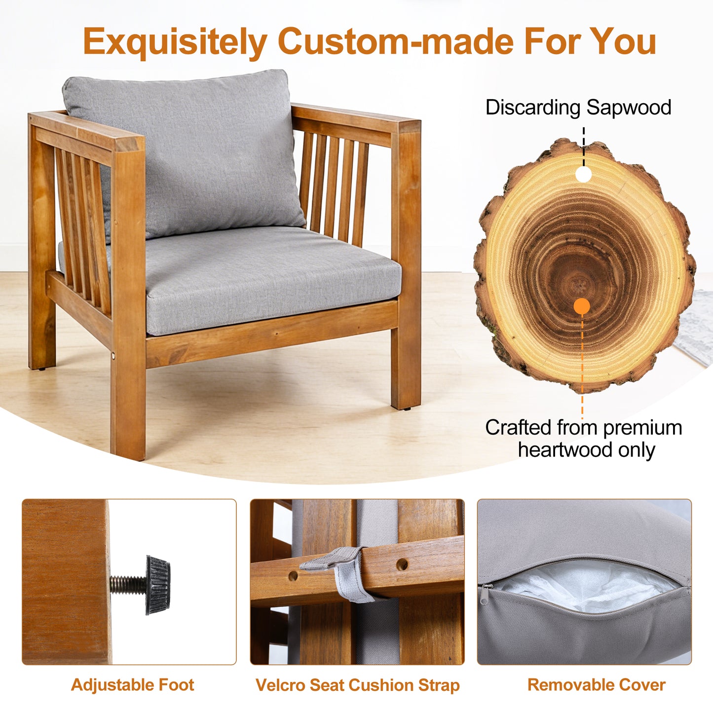 Set Of 2 Outdoor Acacia Wood Club Chairs With Modern Square Arms,