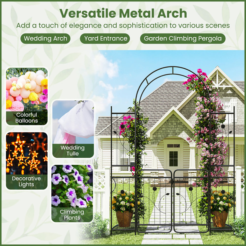 87 Inch Tall Garden Arch with Gate & Planter Shelves - Black