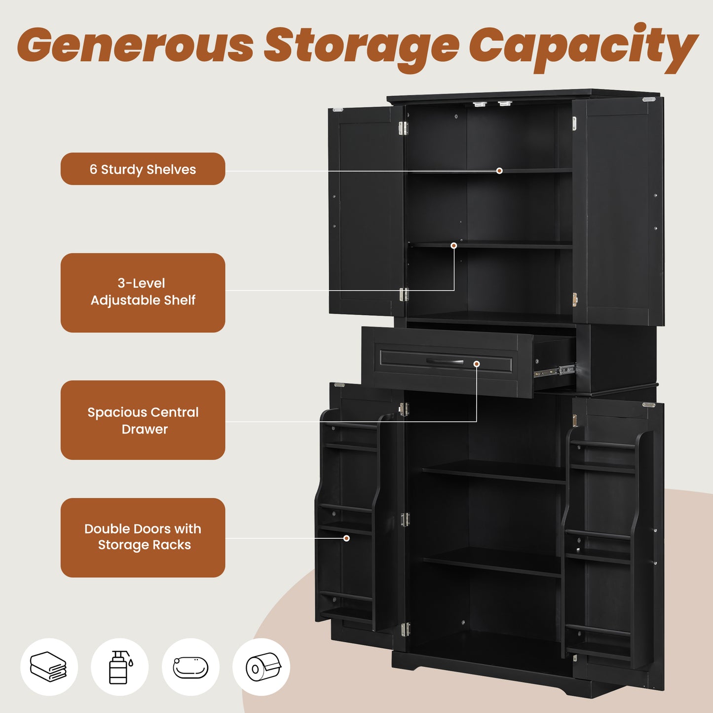 Bathroom Storage Cabinet with Adjustable Shelves & Drawer - Black