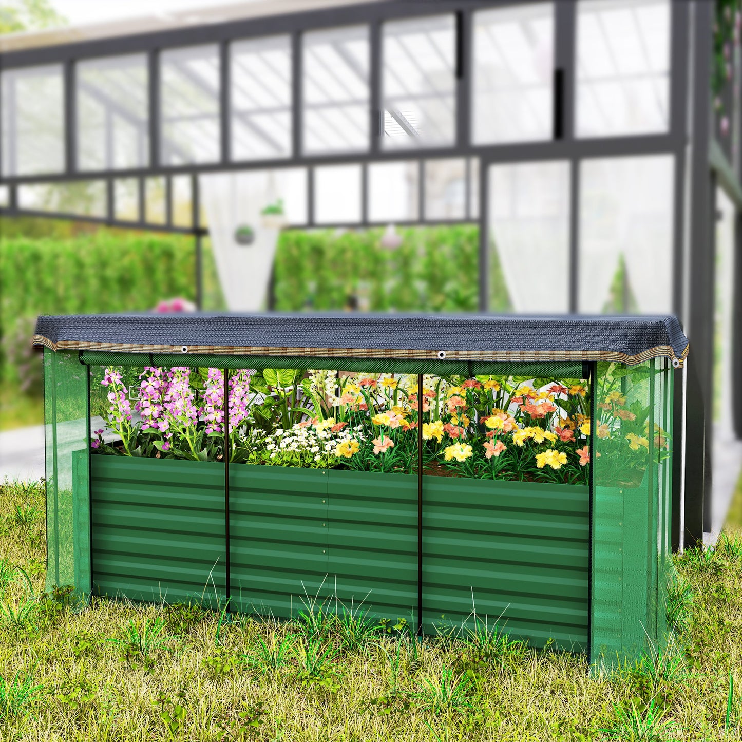Galvanized Steel Raised Garden Bed with Crop Cage and Shade Cloth - Green