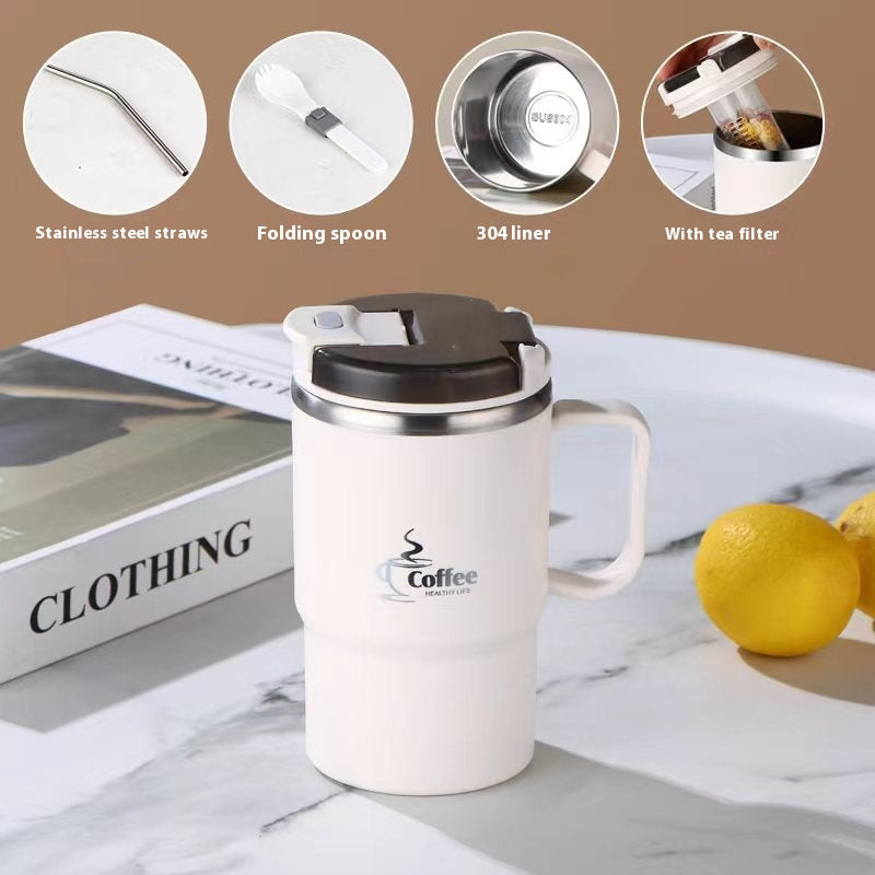 Stainless Steel Mug Cup with Cover and Folding Spoon - Ins Style