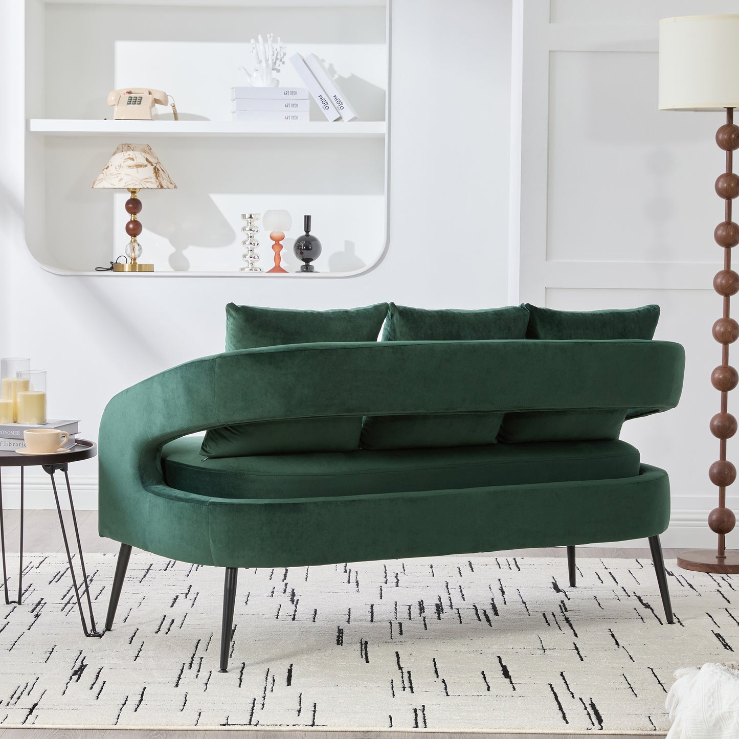 Modern Velvet Loveseat Settee with 3 Pillows - Green