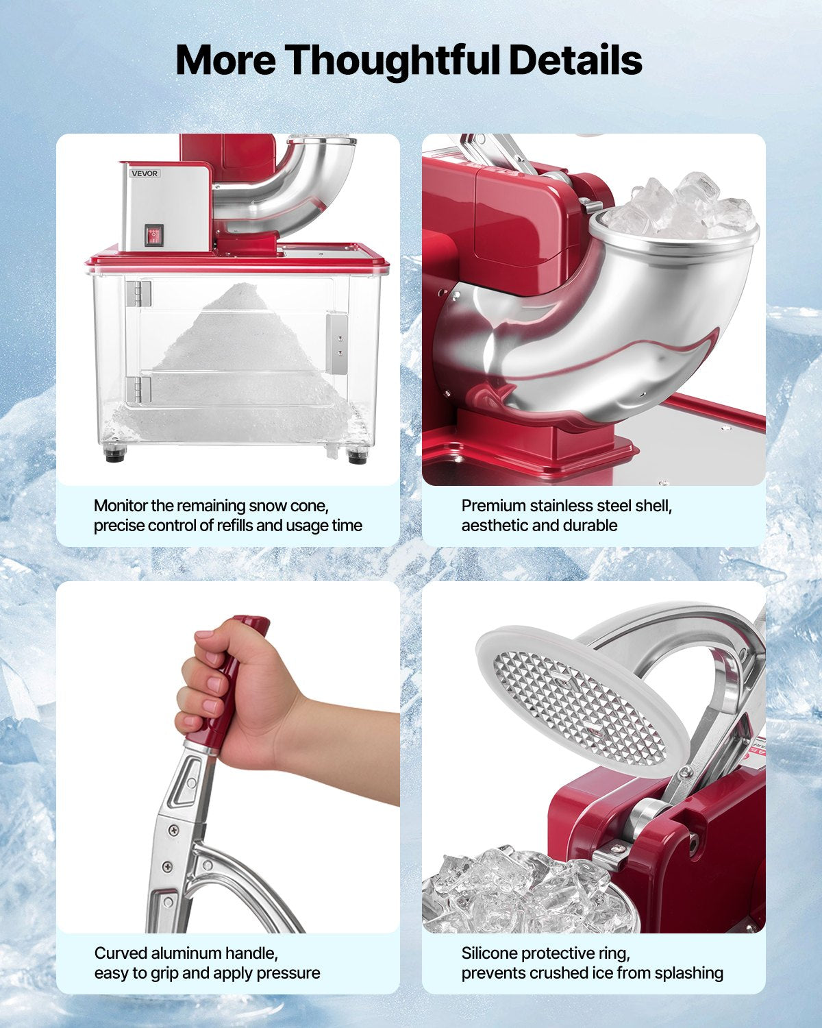 Red Commercial Ice Crusher 661LBS/H Electric Snow Cone Maker Shaved Ice