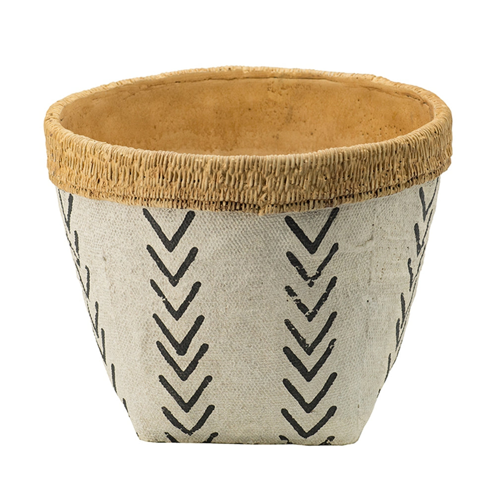 Set Of 2 White And Brown Cement Planters With V Pattern, L D10x8 S