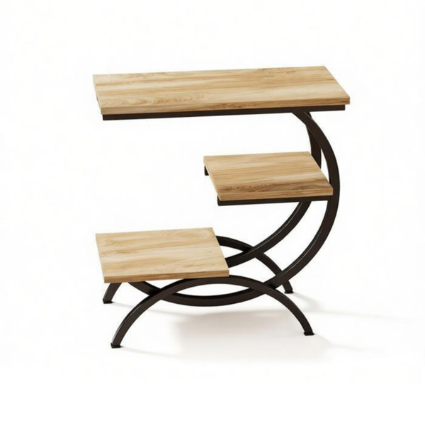 Chic C-Shape End Table with 3-Tier Storage - Rustic Brown