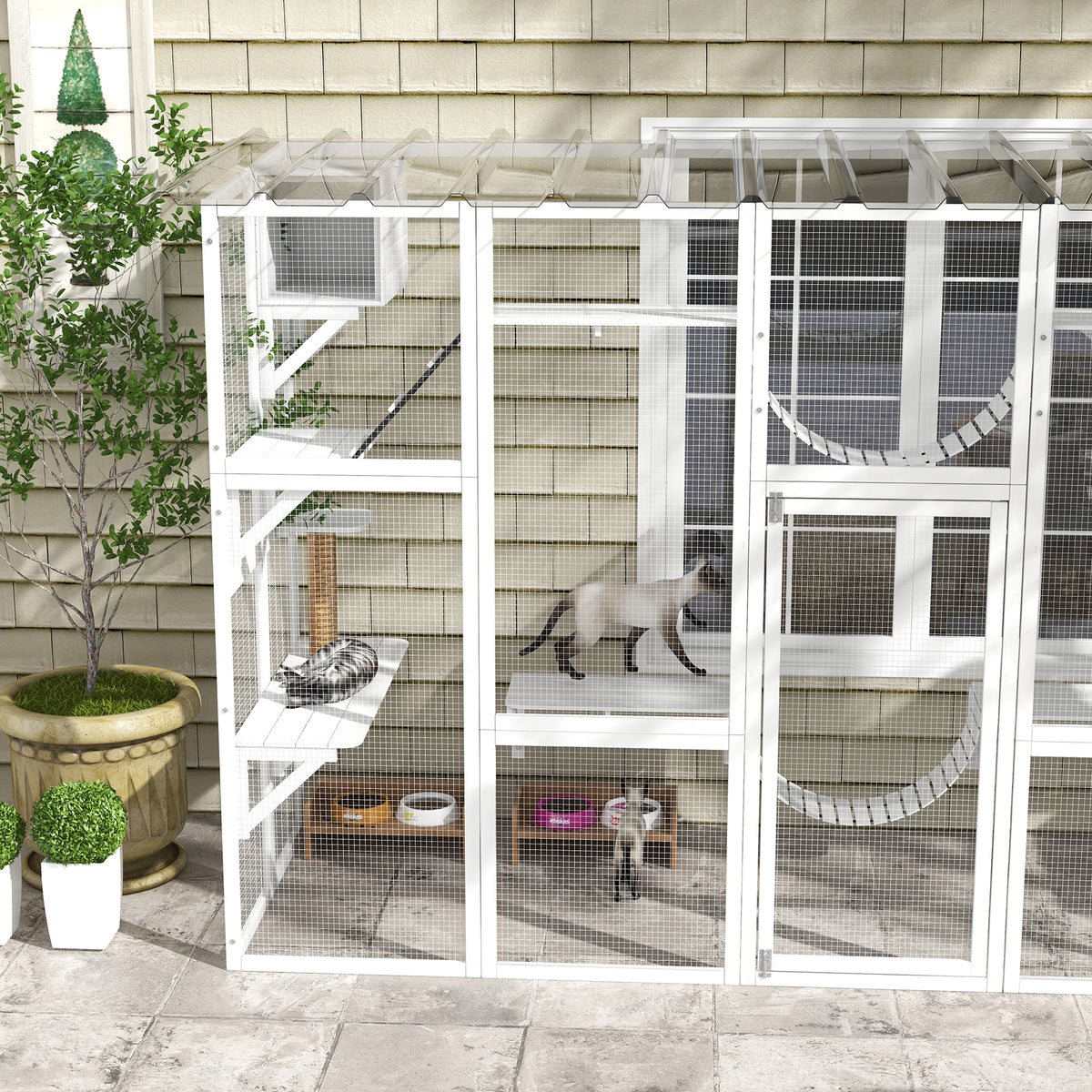 Large Outdoor Cat Enclosure with Condos & Bridges - White 118"