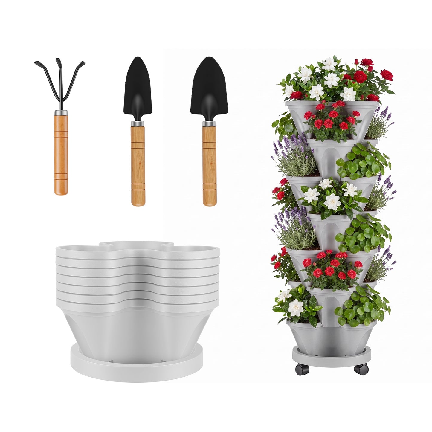7-Tier Vertical Stackable Garden Planter with Wheels and Drainage System