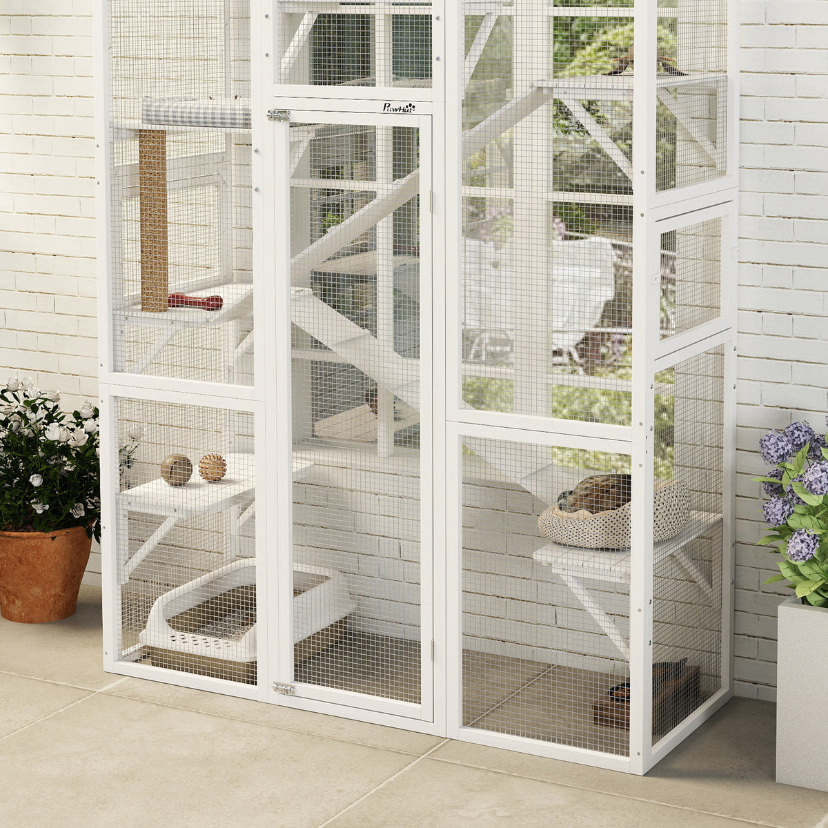 Large Wooden Outdoor Cat Enclosure with Jumping Platforms & Ramps for Cats