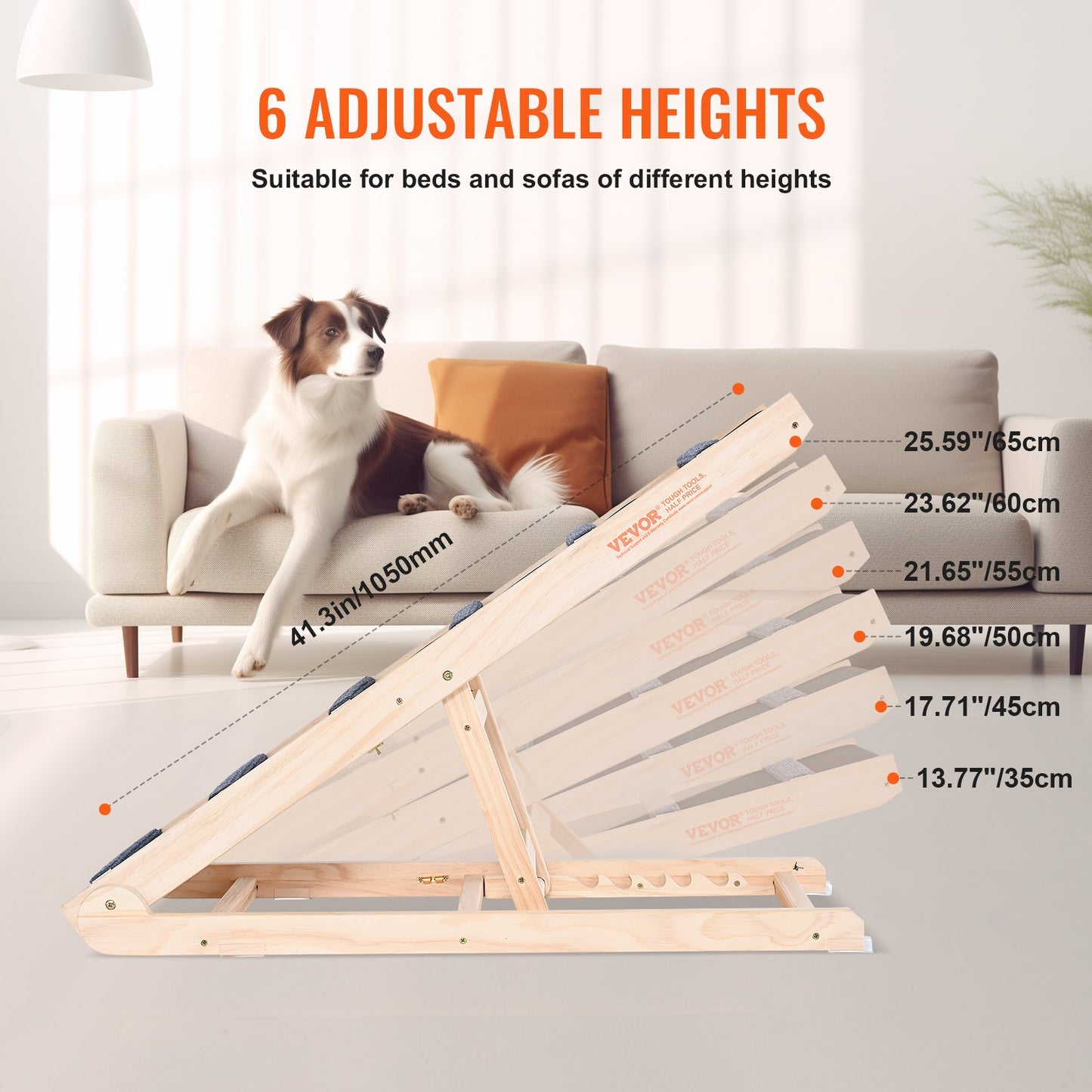 Adjustable Wooden Dog Ramp for Bed Couch Car - Non-Slip Pet Steps with 41.3' Long Ramp