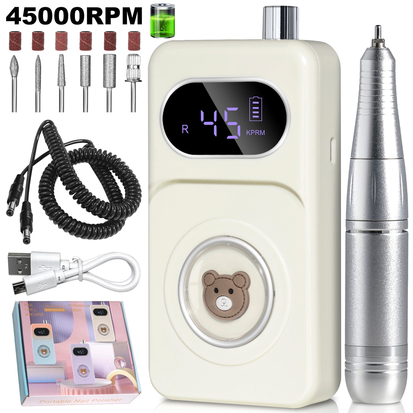 Professional 45000RPM Rechargeable Electric Nail Drill for Acrylic & Gel Nails