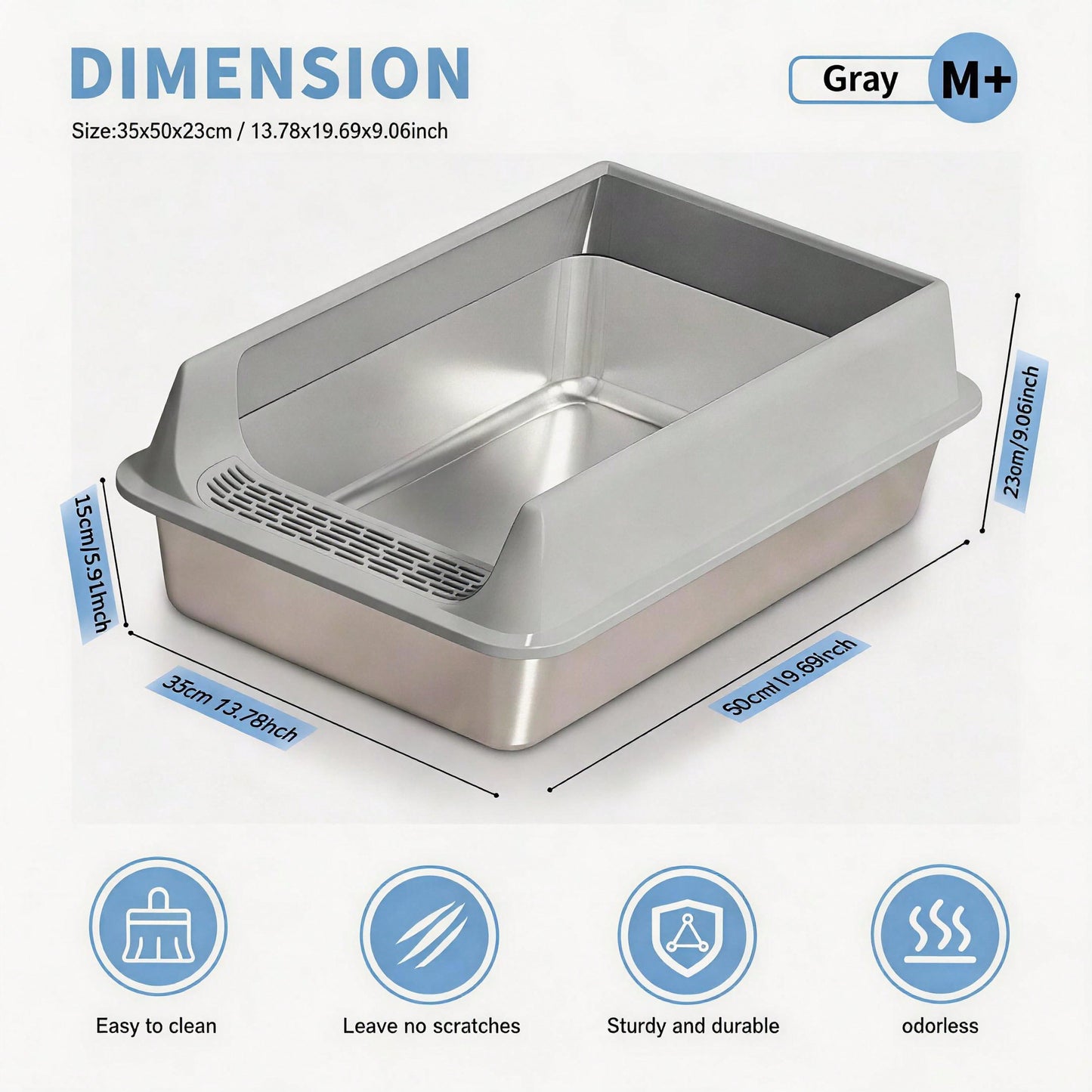 Stainless Steel Cat Litter Box Large Open Top Anti Splash & Odor Resistant