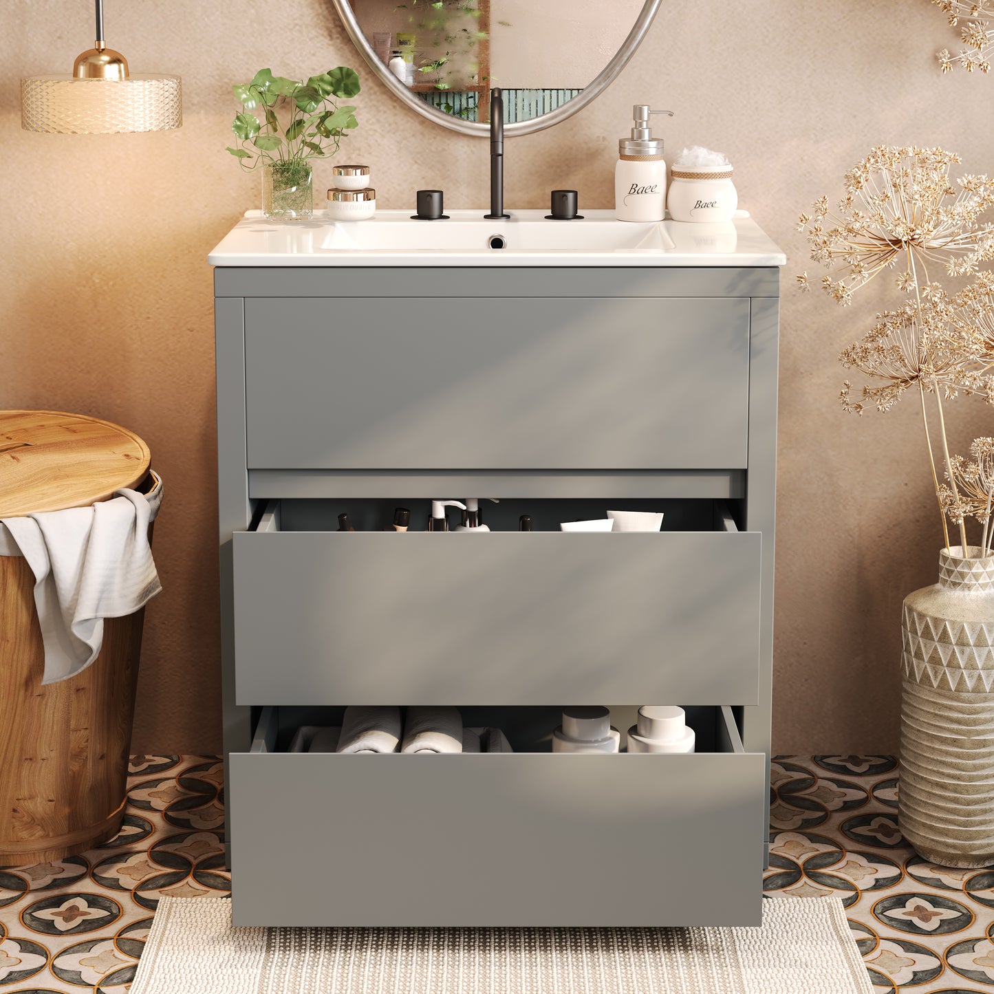 30" Gray Bathroom Vanity with Ceramic Sink & 2 Drawers