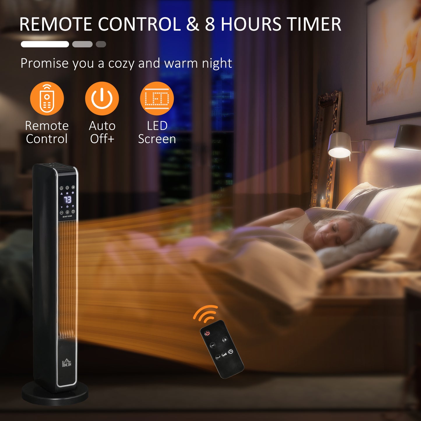 Portable Electric Tower Space Heater with Remote, 750W/1500W, Oscillating, Timer - Black