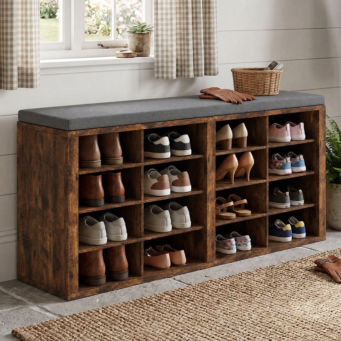 Shoe Storage Bench With Cushion 16 Cubby Rack Multifunctional