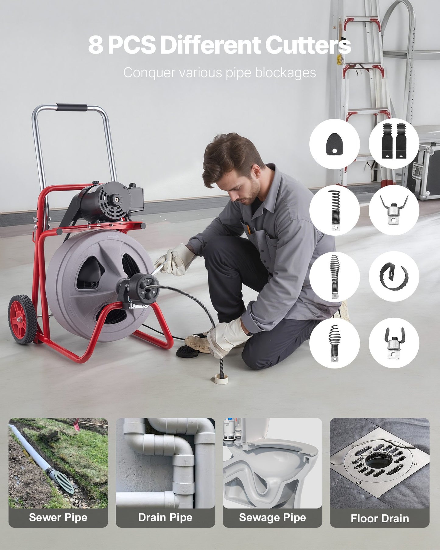 Portable Drain Cleaner Machine 100 FT x 1/2 Inch Sewer Snake with Auto Feed & 8 Cutters