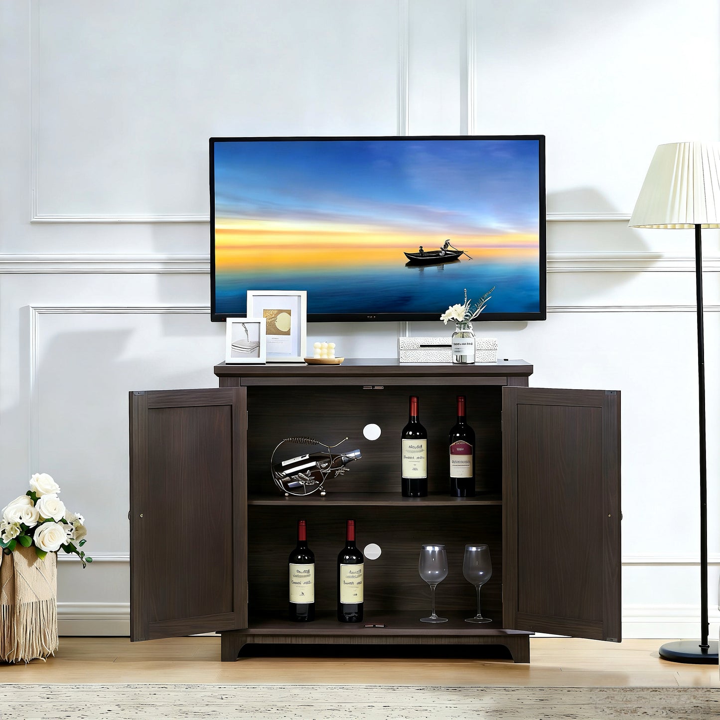 Elegant Sideboard With 2 Acrylic Mirrored Doors And Buffet Storage,