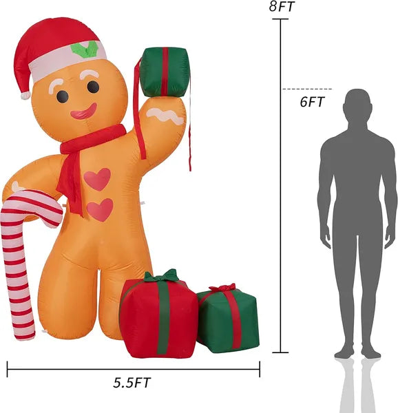 8FT Inflatable Gingerbread Man with Candy Cane and Gift Boxes