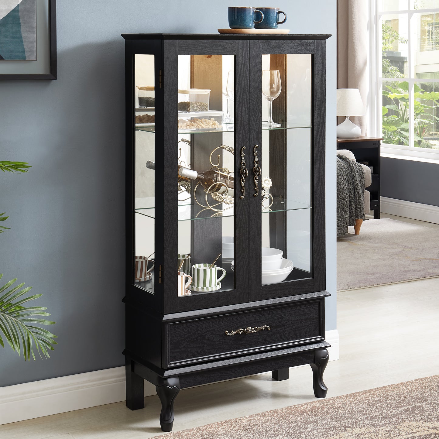 Lighted Curio Cabinet With Glass Doors And Adjustable Shelves 2 Door