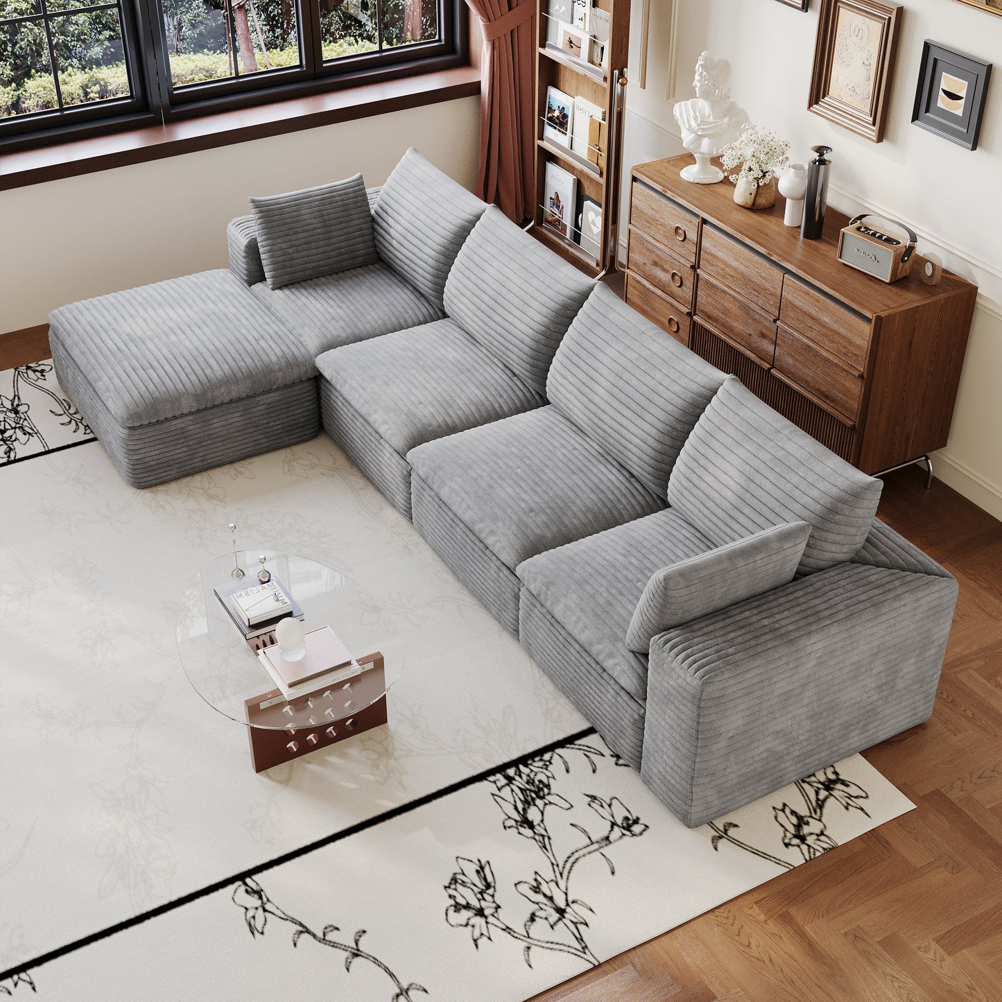 134" Cloud Sofa - Corduroy Fabric, Deep Seat, Removable Cushion, Grey