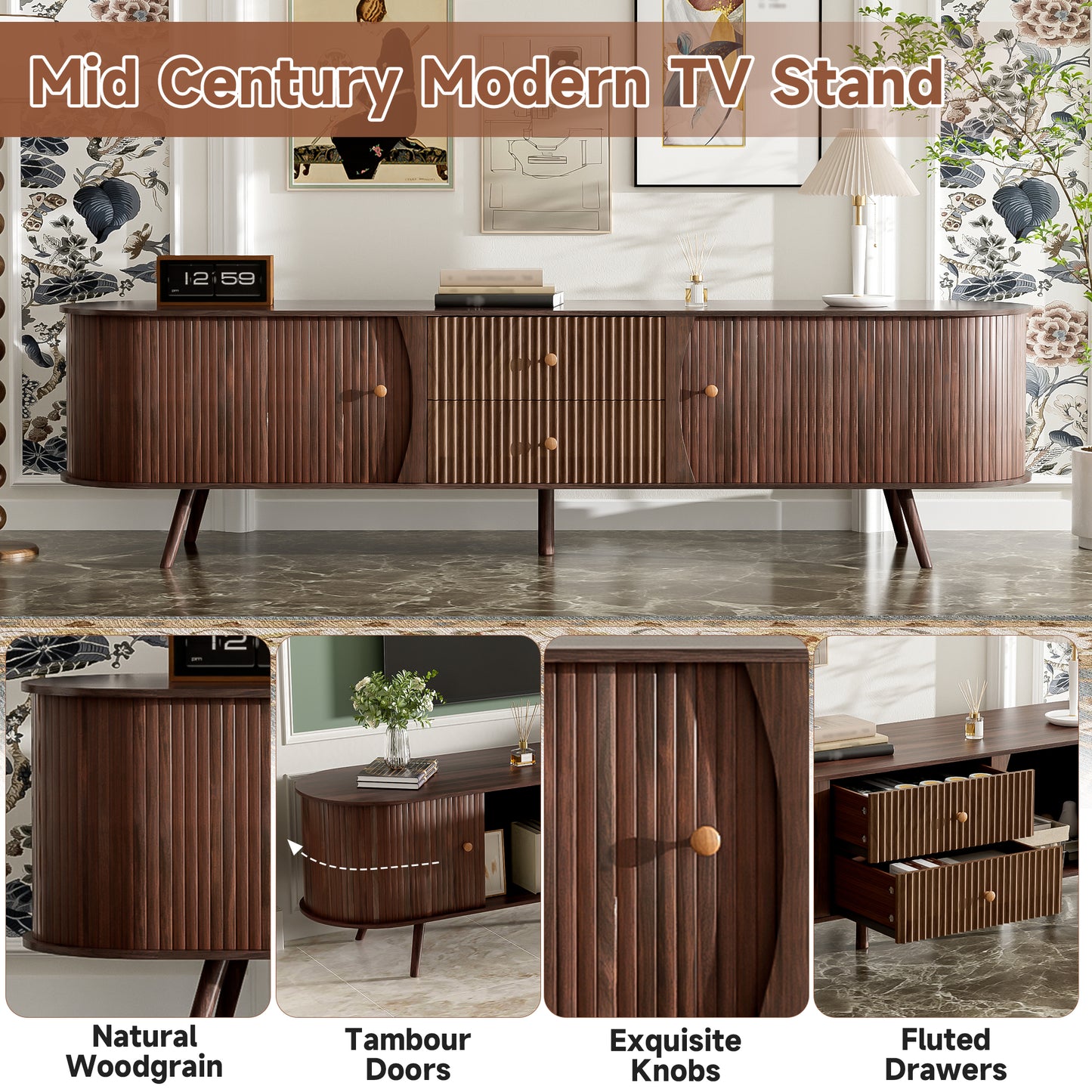 70 Inch Mid Century Modern TV Stand, Stand For 80 TV, With Tambour