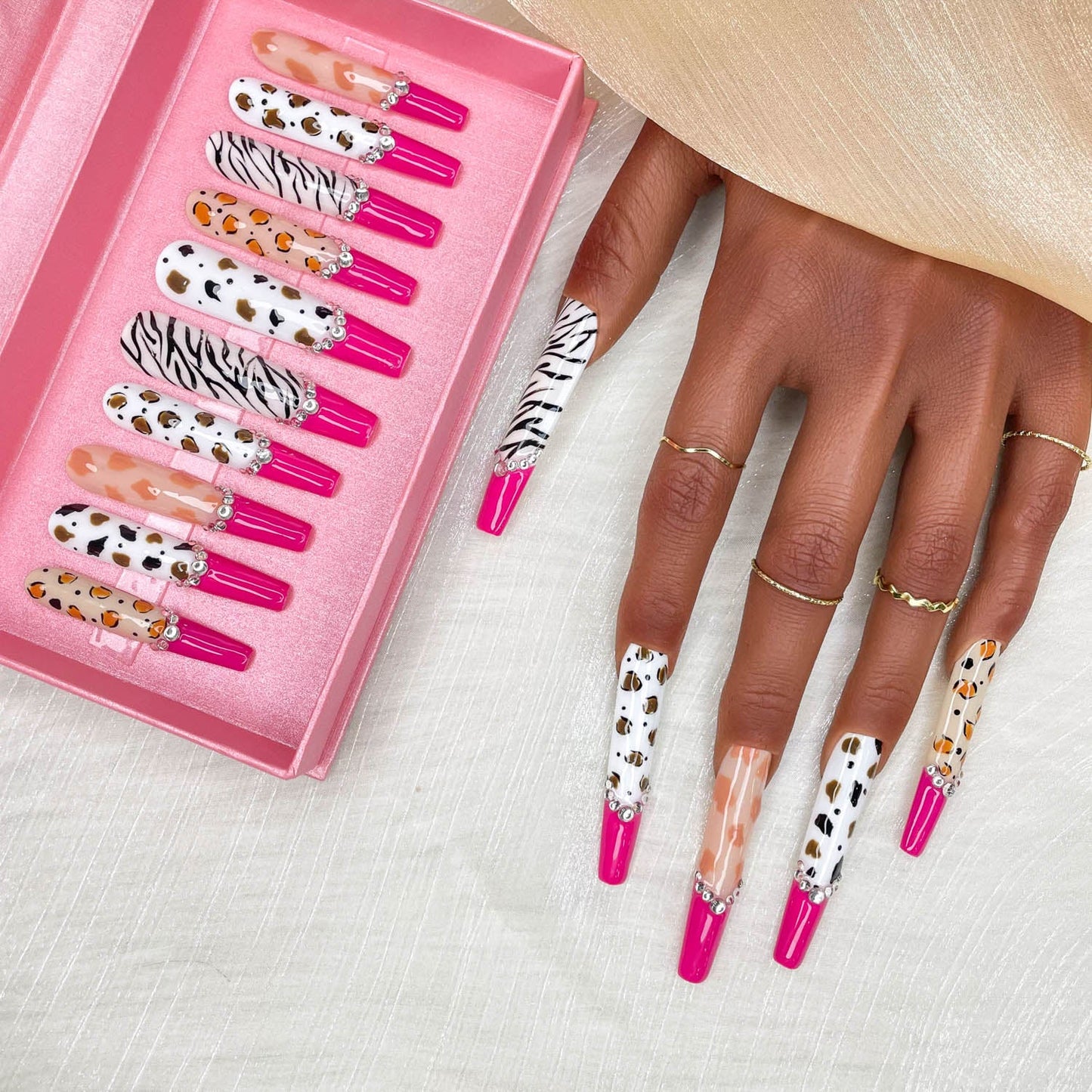 Handmade Press-On Nails - Extra Long Stiletto Glitter Diamond Zebra - Size M