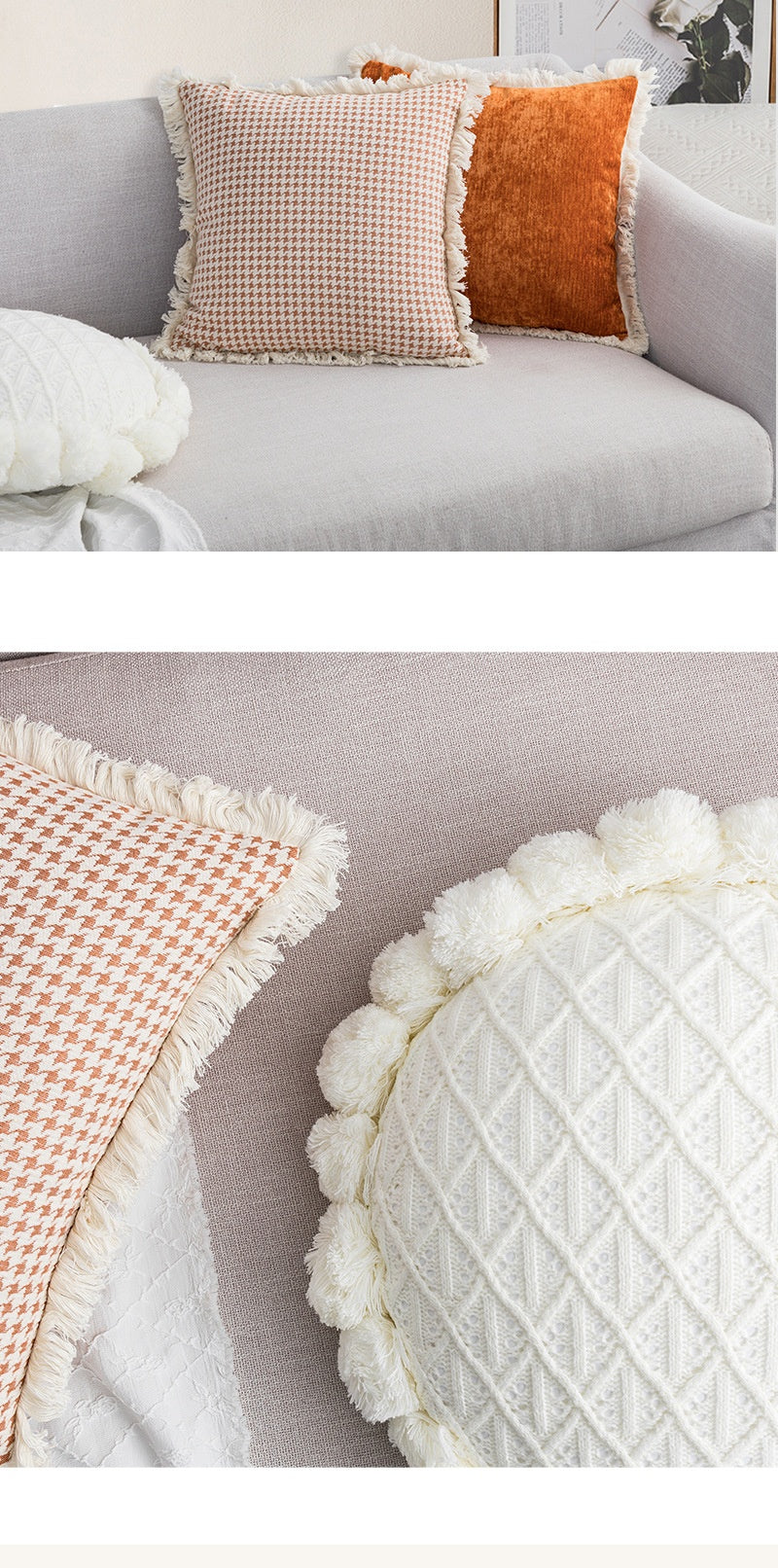Decorative Tassel Lace Pillow Cover - Modern Houndstooth & Orange Cushion Case