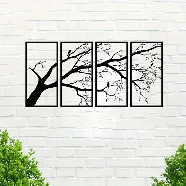 Minimalist Iron Bird & Branch Wall Art - 4-Panel Nature Home Decor