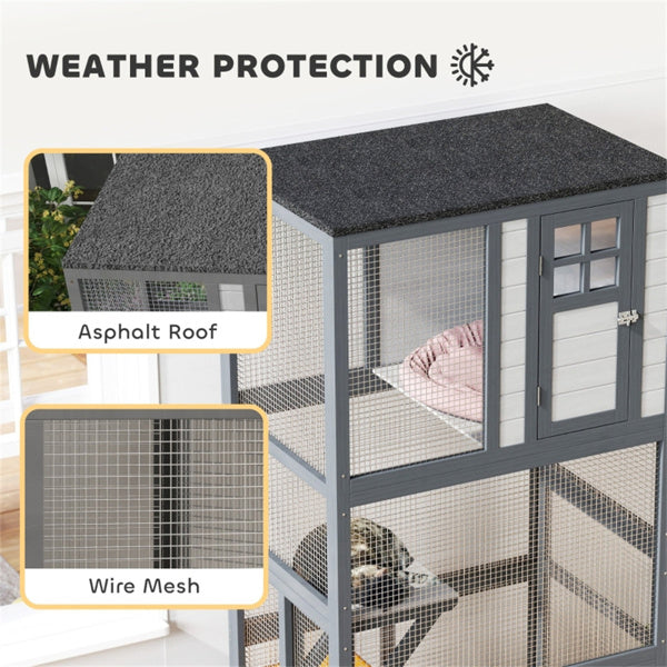 Pet Cat Stairs Climbing Tower with Roofed House and Wheels - Gray