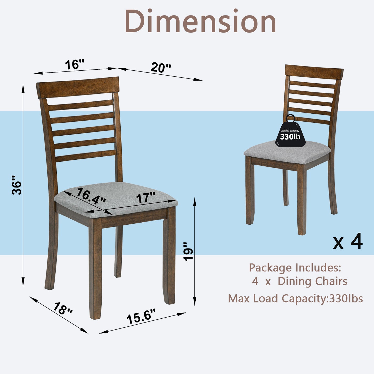 Wooden Dining Chairs Set of 4 with Padded Seat - Walnut