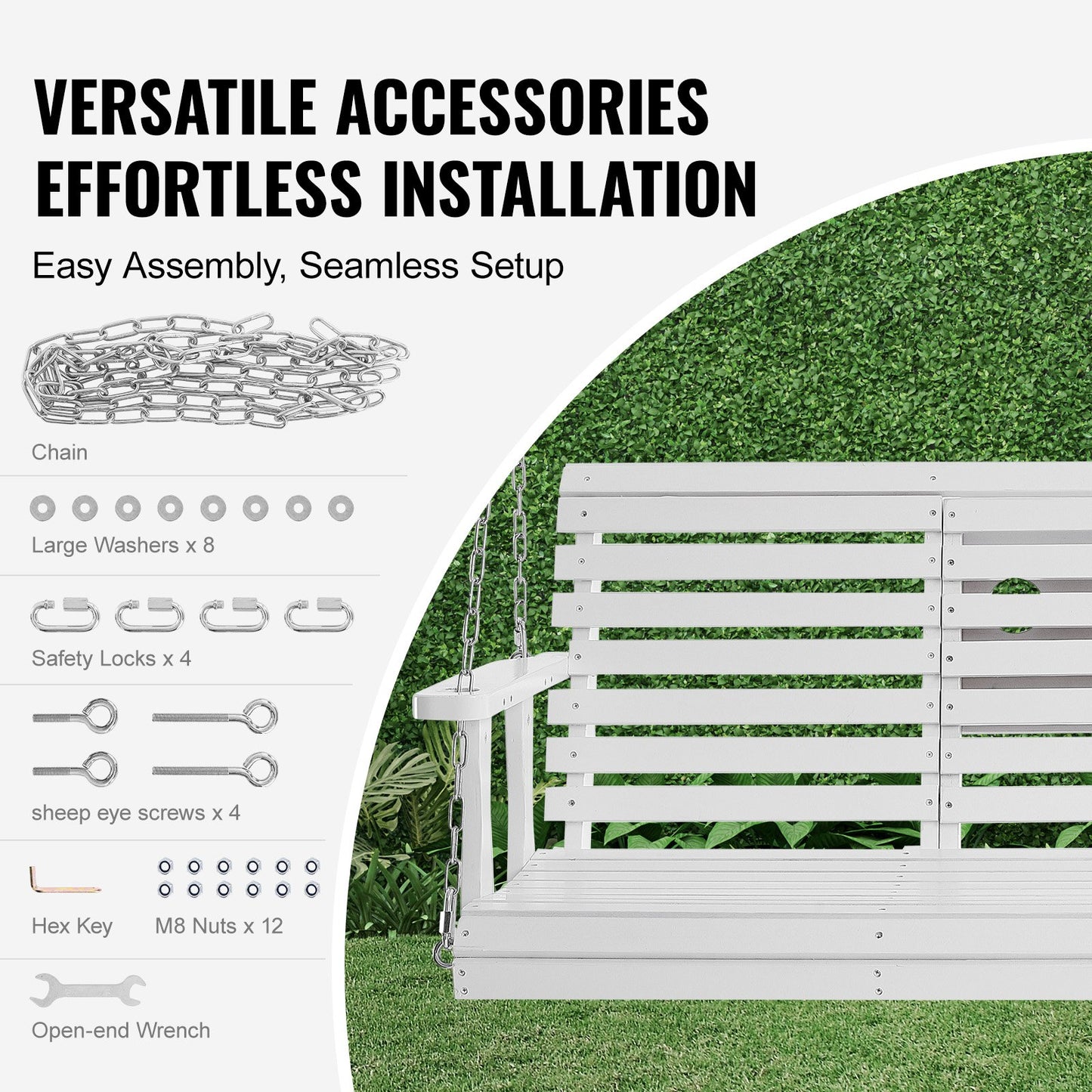 Heavy Duty Wooden Porch Swing 5 Ft with Steel Chains & Weatherproof Finish - White