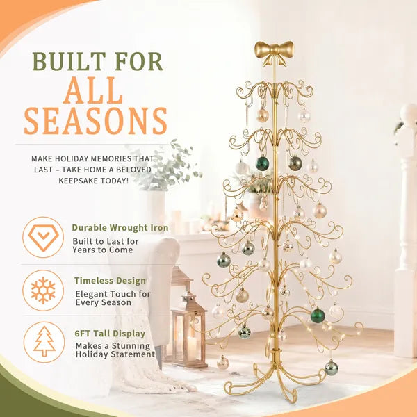 6ft Gold Iron Christmas Tree with Bow Topper - PVC Design