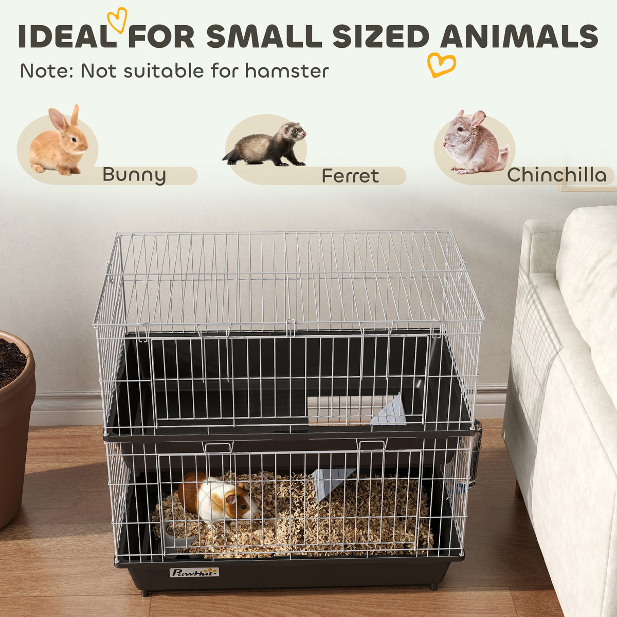 Small Animal Cage 2-Tier with Doors, Trays, Dish, Bottle & Ramp - Black, 750x470x220mm