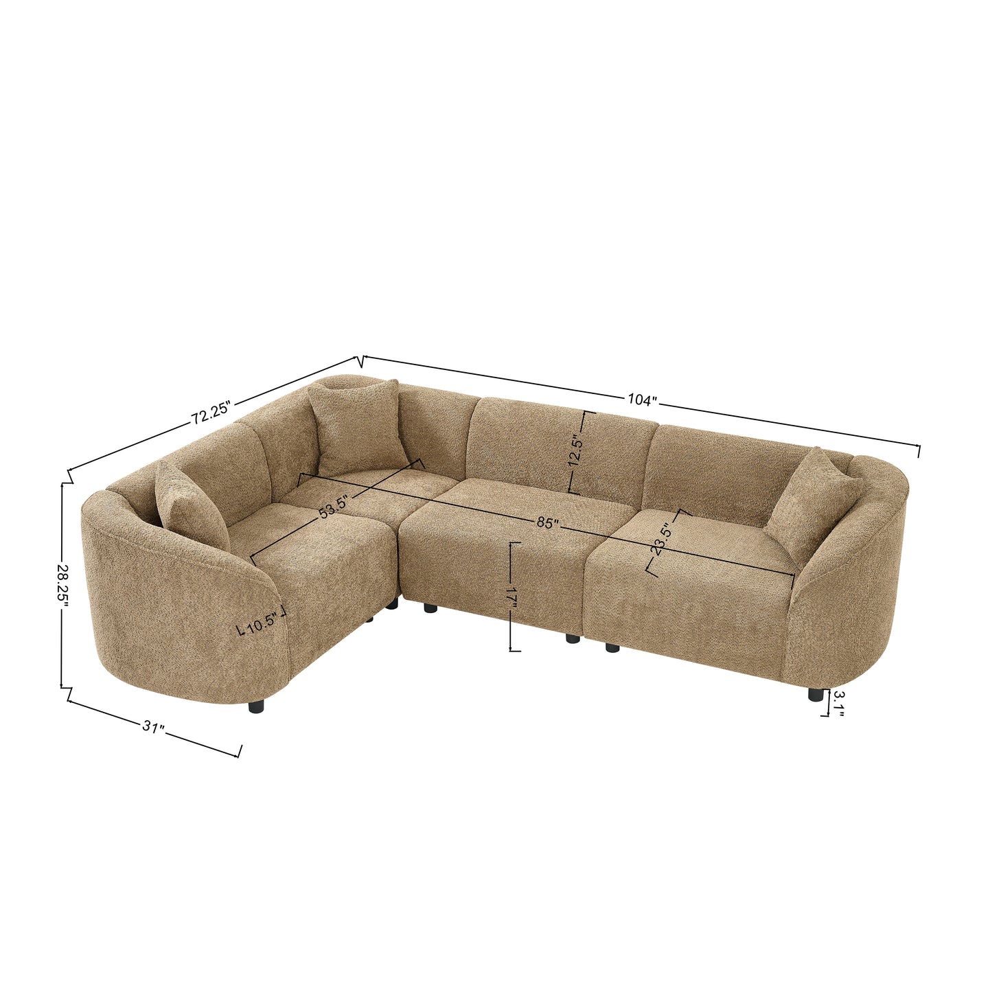 104" L-Shaped Sectional Sofa - Brown Bouclé, 4-Seater Design