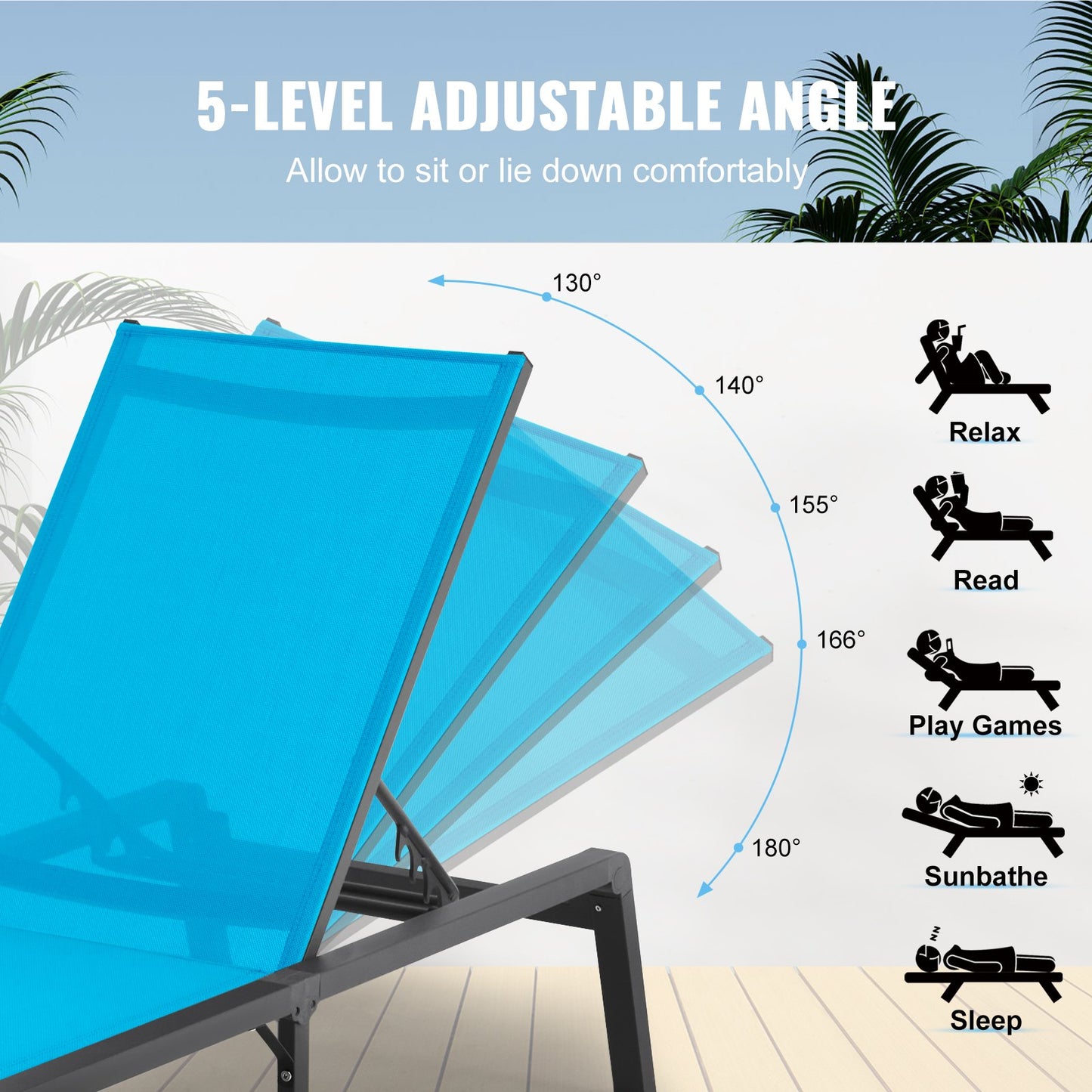 Outdoor Adjustable Lounge Chair Set - 2 Pcs Grey Patio Sunbed with 5-Position Support