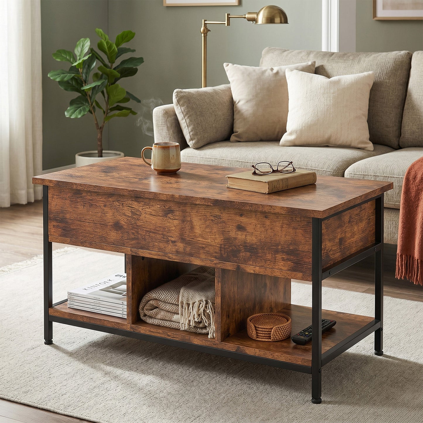 Lift Top Coffee Table with Hidden Storage - Retro Design