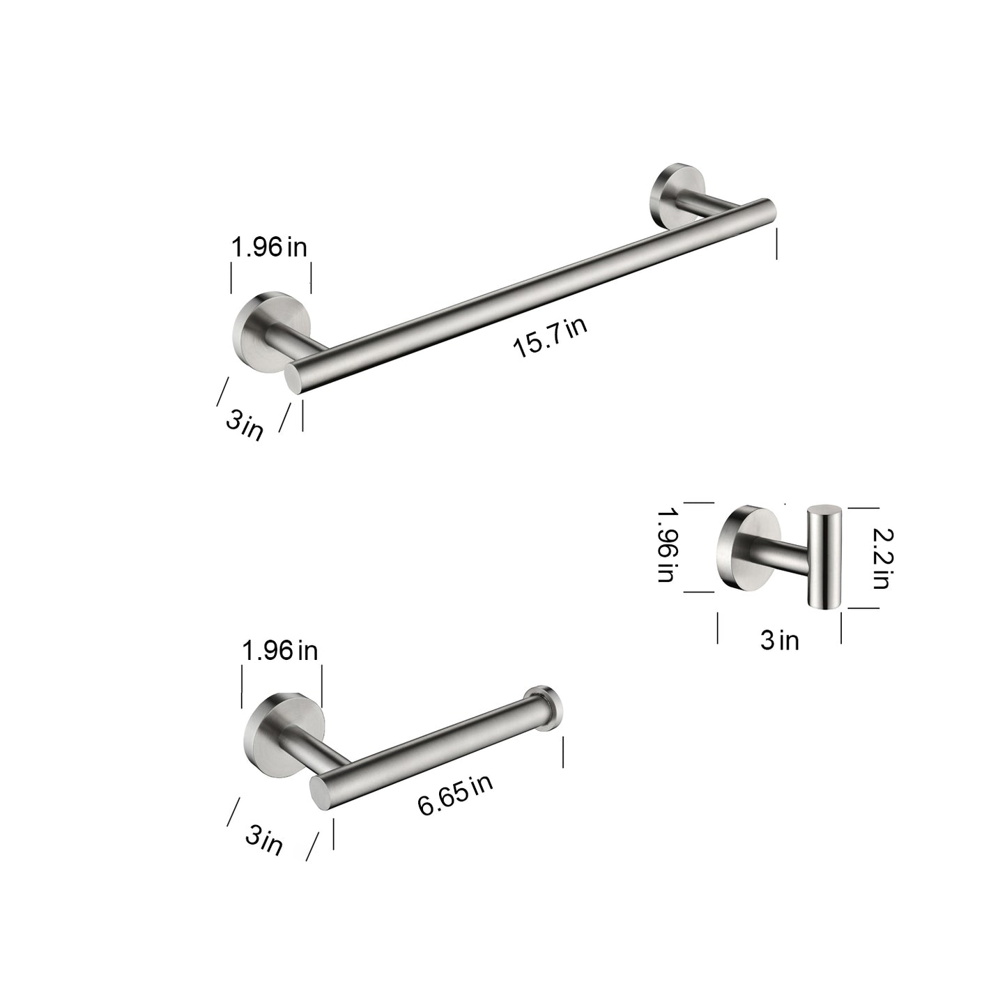 3-Piece Bathroom Hardware Set - Brushed Nickel Towel Bar, Toilet Paper Holder & Robe Hooks