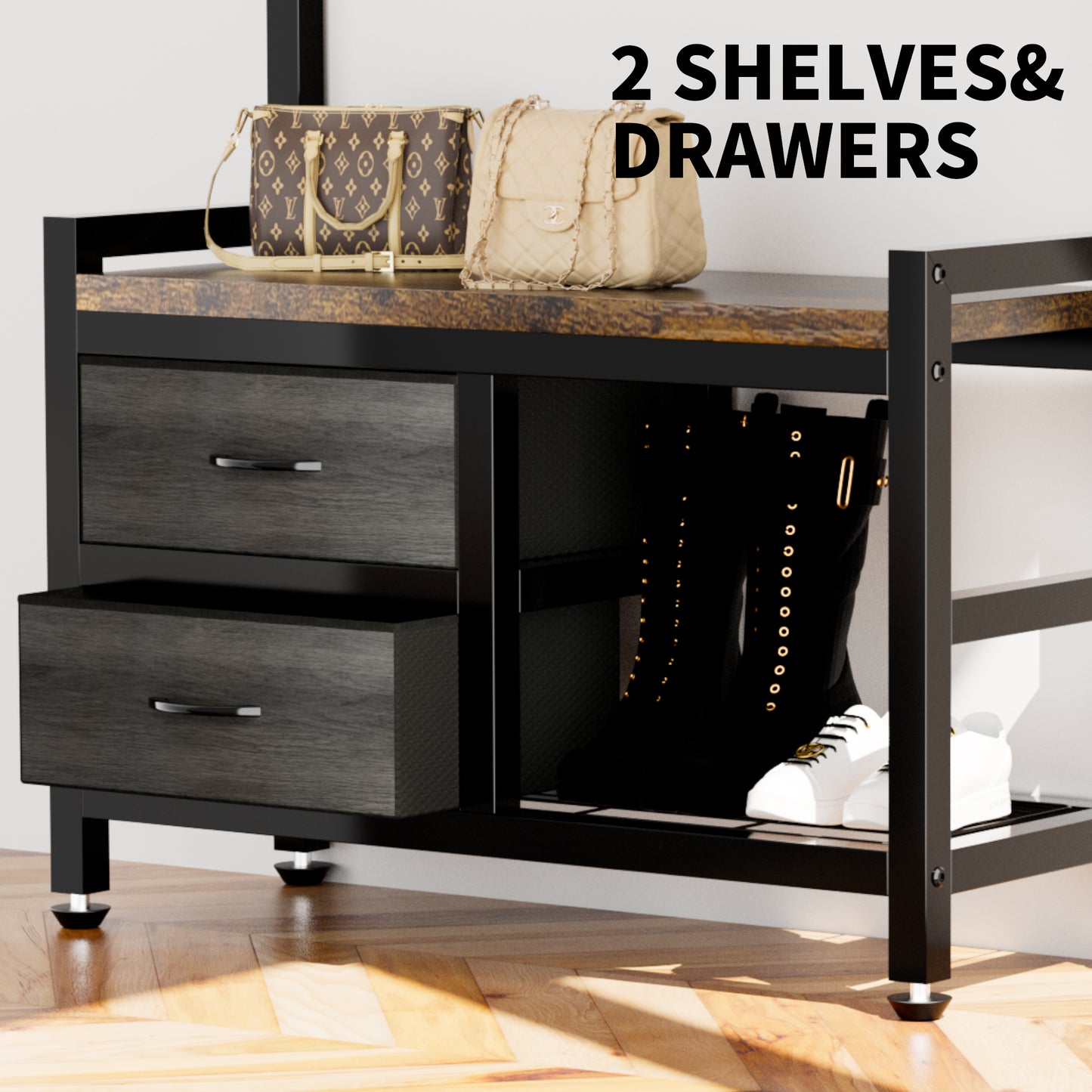 33.1 Wide Hall Tree With 2 Movable Drawers, Shoe Storage, Shelves And