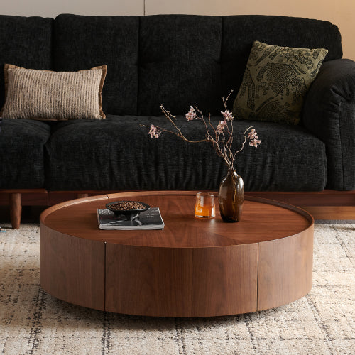 35.4-Inch Round Coffee Table - Walnut Finish for Living Room
