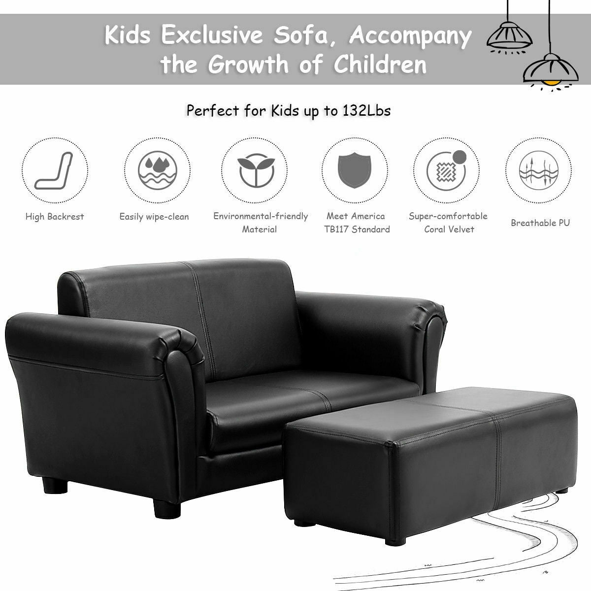 Kids Double Sofa with Ottoman - Black & White