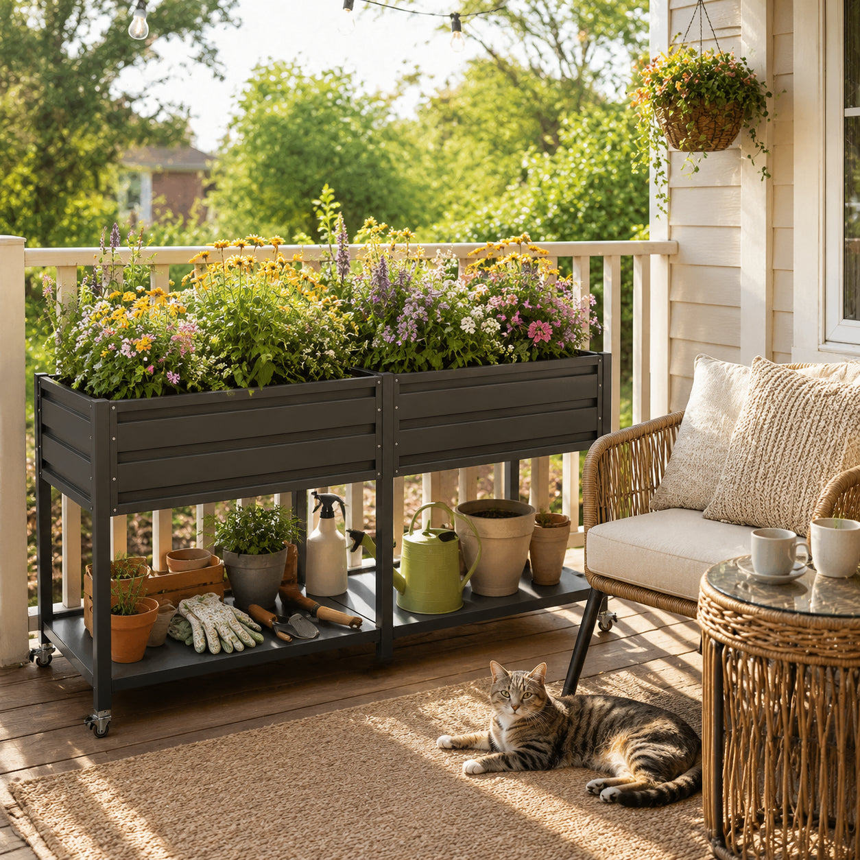 Dual Tier Metal Raised Garden Bed with Lockable Wheels & Storage Shelf - Dark Gray