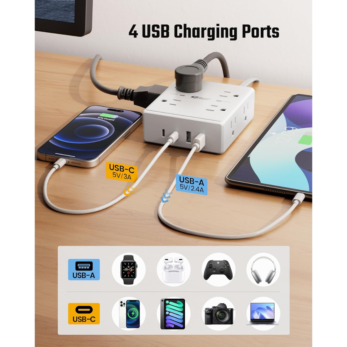10Ft Surge Protector Power Strip with 8 Outlets & 4 USB Ports