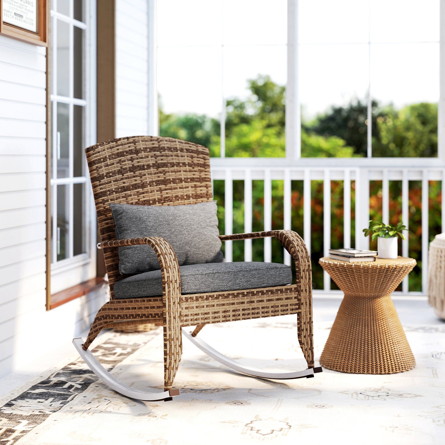Gray Wicker Rocking Chair with Cushions - Adirondack Style