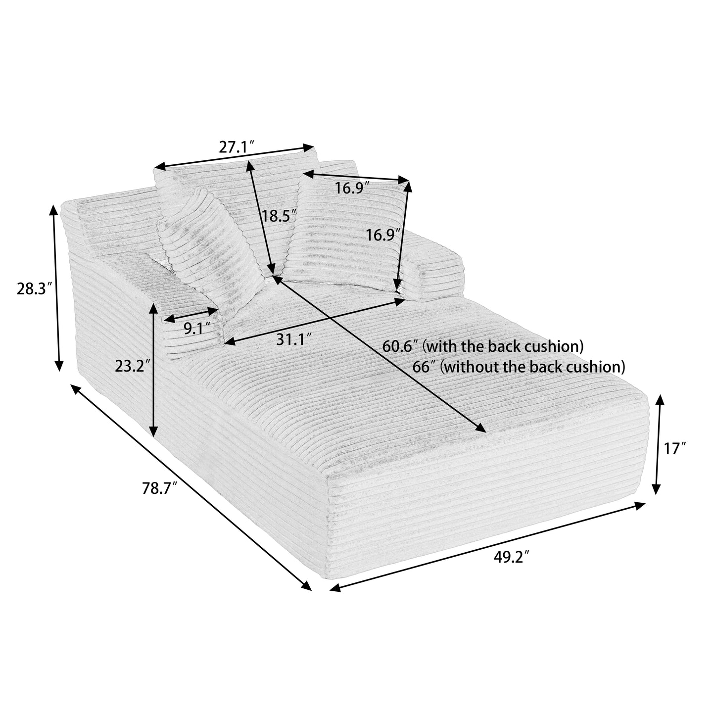Oversized Dark Grey Chaise Lounge Chair - Corduroy Sofa