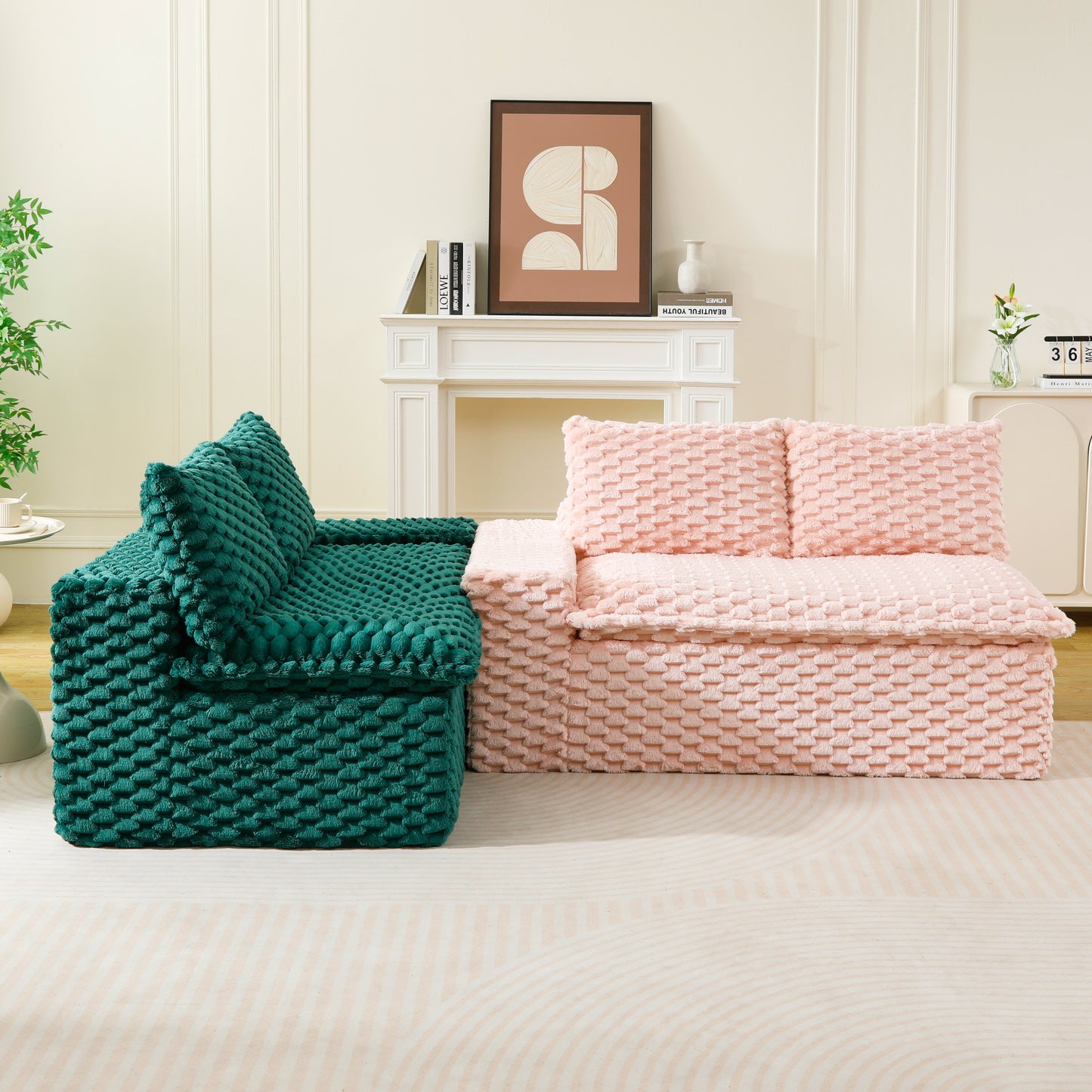 Luxury Green Color-Block Velvet Multifunctional Sofa - 4 Seats